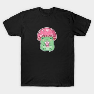 Kawaii Frog Mushroom Hat Drinking Pink Strawberry Boba Tea T-Shirt